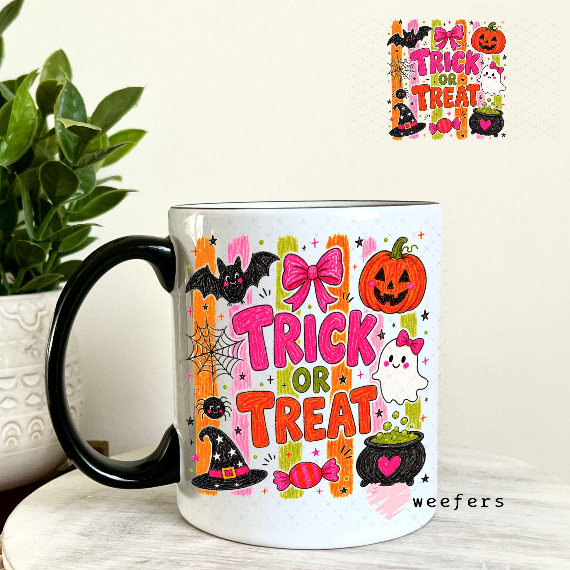 UV DTF Decal - Trick or Treat Pink Orange 11oz Coffee Mug Weefers