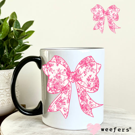 Toile Pink Coquette Bow UV DTF Decal 11oz Coffee Mug Weefers
