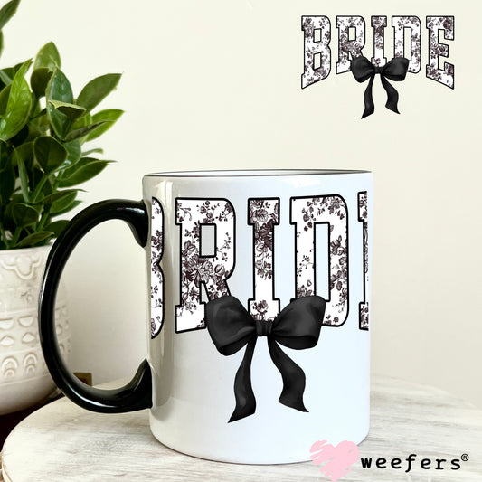 Bride Black Toile Coquette Bow UV DTF Decal 11oz Coffee Mug Weefers