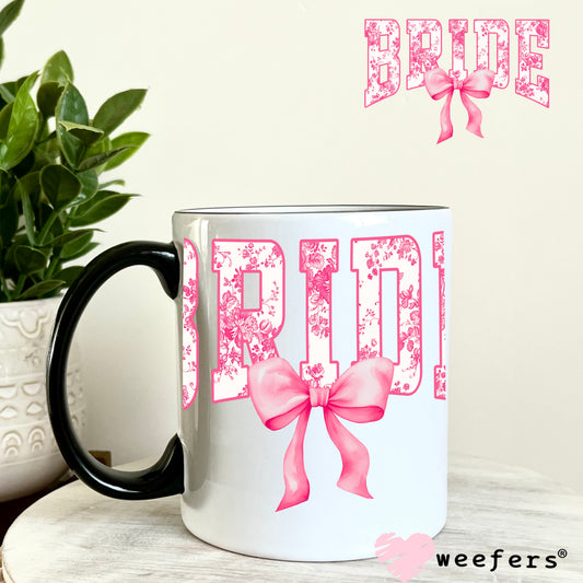 Bride Pink Toile Coquette Bow UV DTF Decal 11oz Coffee Mug Weefers
