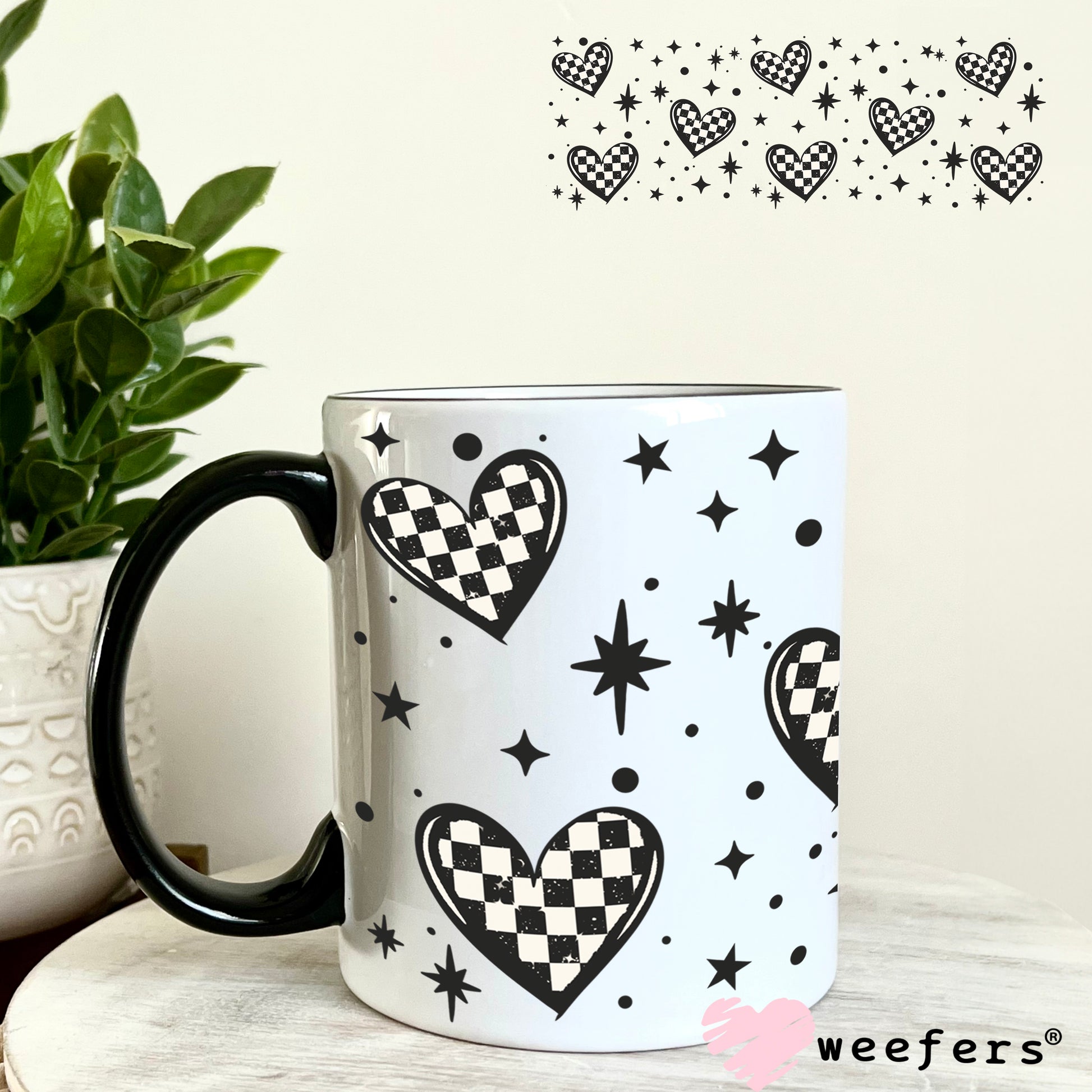 Checkered Hearts 2 UV DTF Cup Wrap 11oz Coffee Mug Weefers