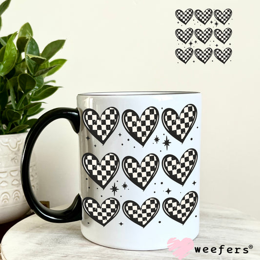 Checkered Hearts UV DTF Decal 11oz Coffee Mug Weefers