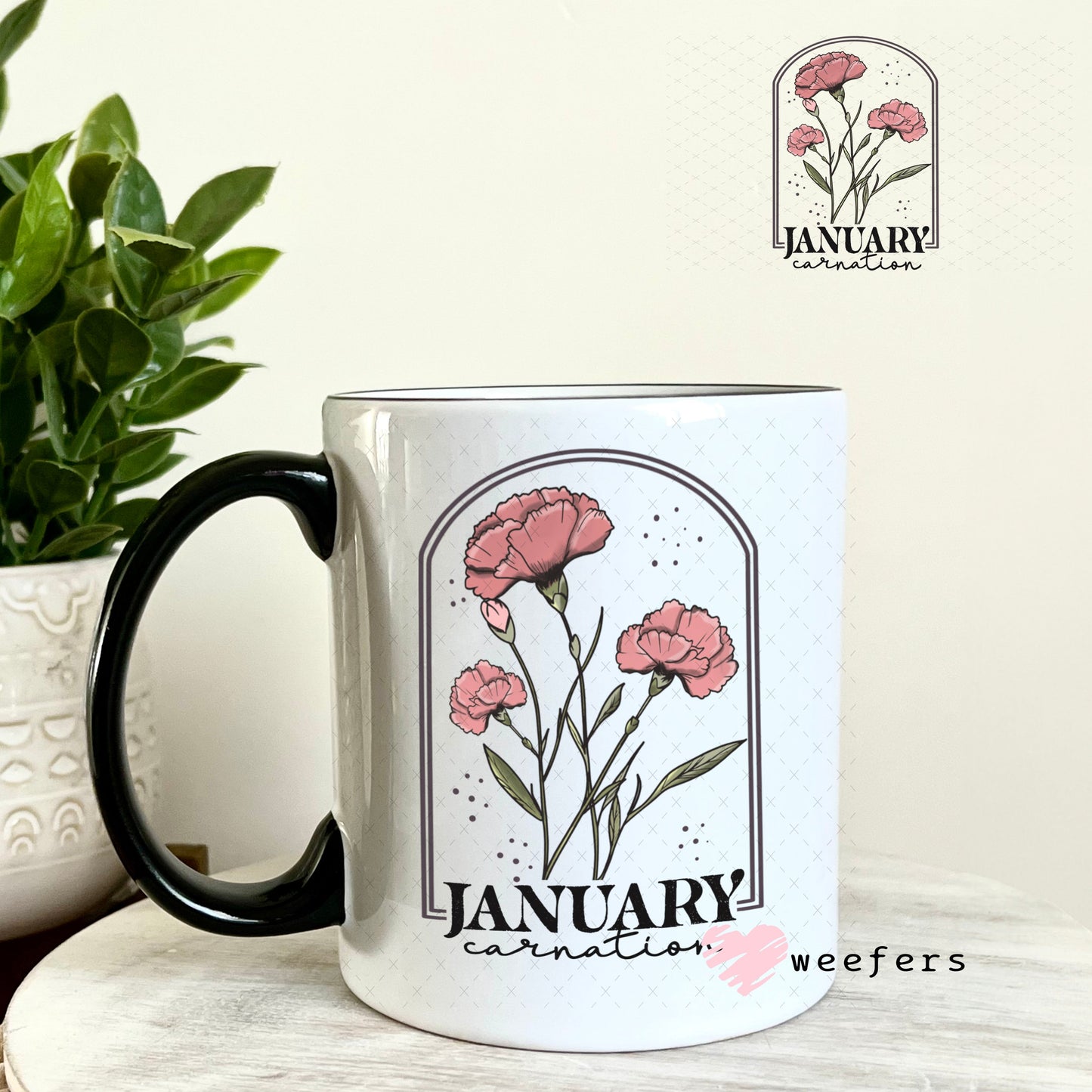 UV DTF Decal - January Carnation Birthday Month 11oz Coffee Mug Weefers