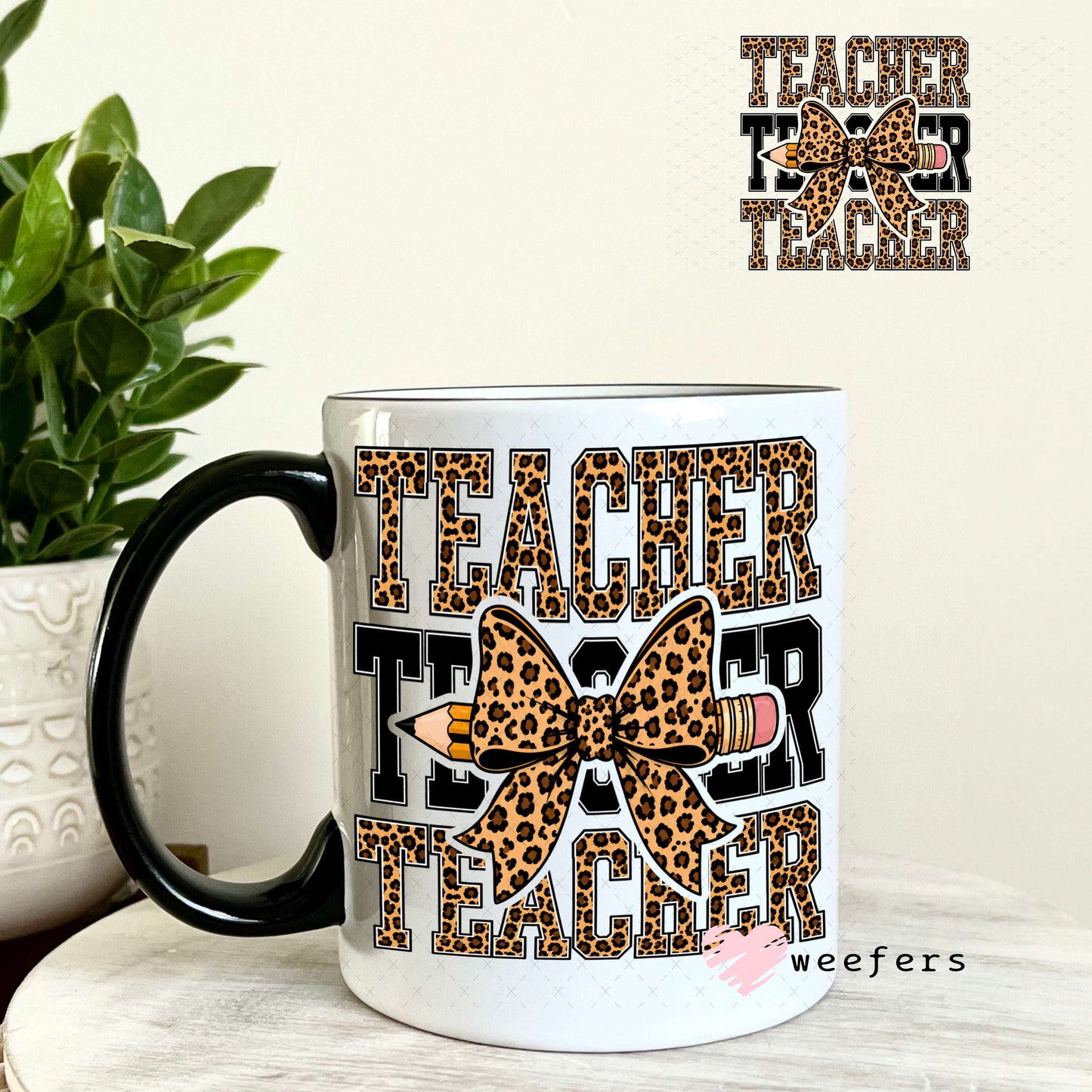 UV DTF Decal - Leopard Teacher Bow 11oz Coffee Mug Weefers