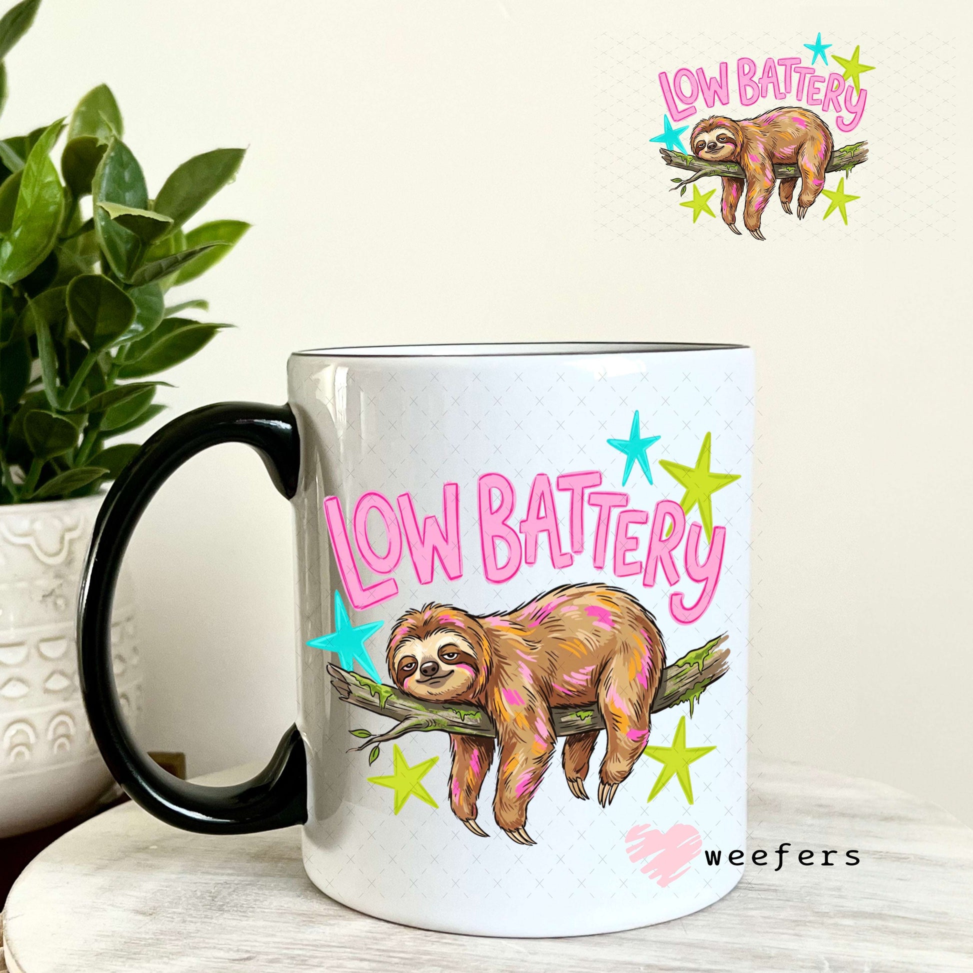UV DTF Decal - Low Battery Sloth 11oz Coffee Mug Weefers