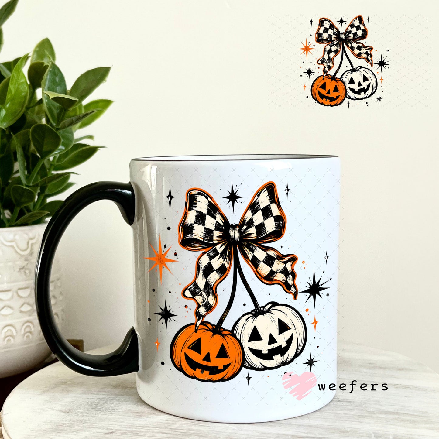 UV DTF Decal - Checkered Pumpkin Cherries 11oz Coffee Mug Weefers