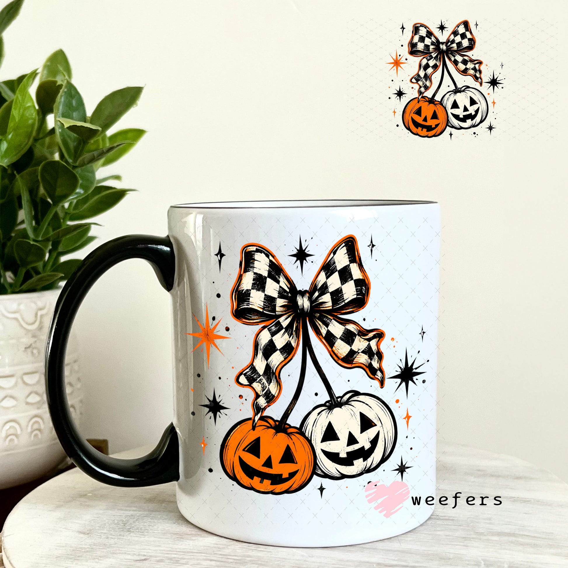 UV DTF Decal - Checkered Pumpkin Cherries 11oz Coffee Mug Weefers