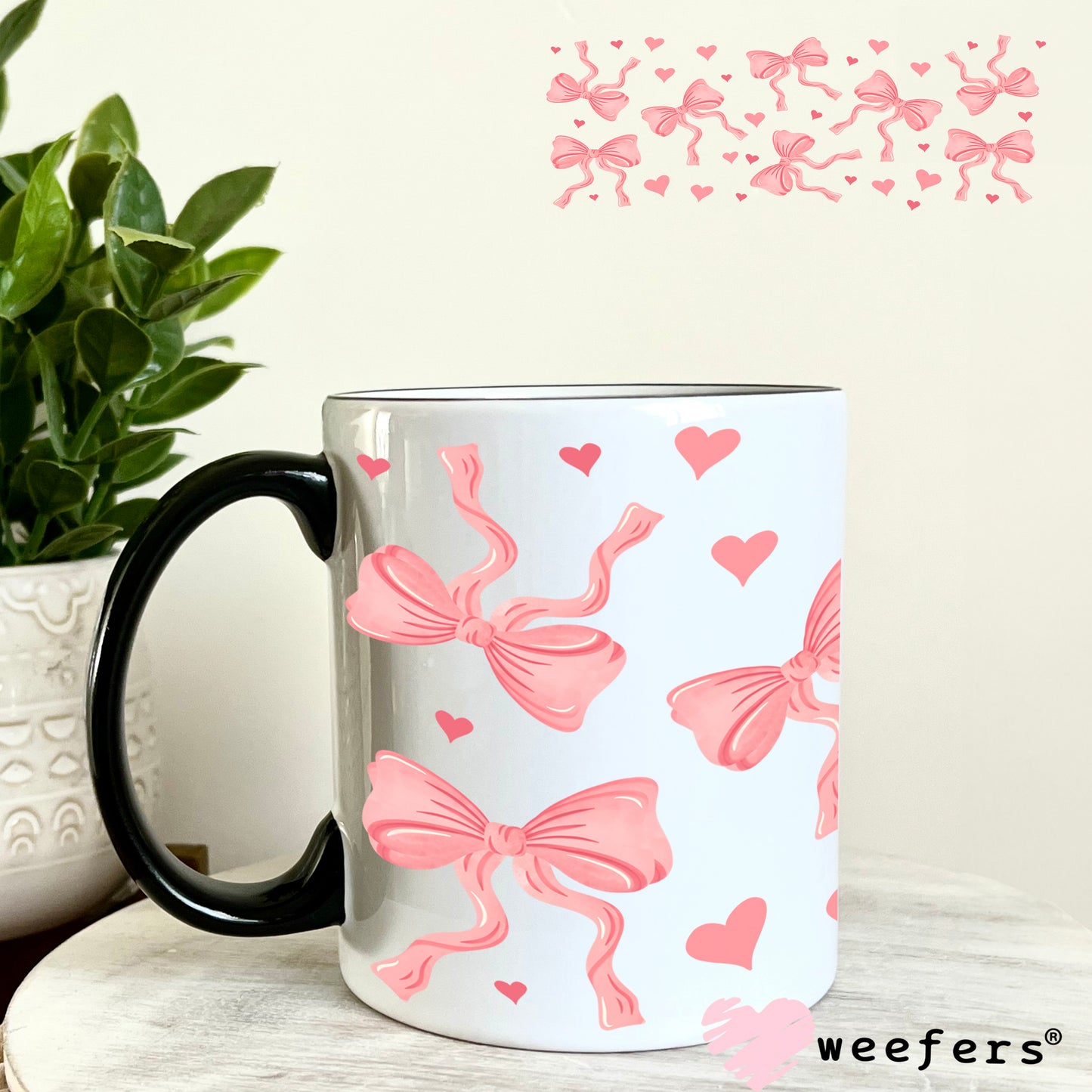 Coquette Bows and Hearts Pink UV DTF Cup Wrap 11oz Coffee Mug Weefers