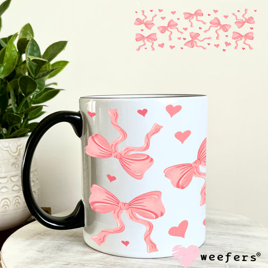 Coquette Bows and Hearts Pink UV DTF Cup Wrap 11oz Coffee Mug Weefers