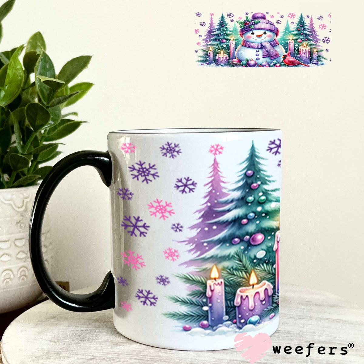 UV DTF Cup Wraps - Winter Snowman Purple Teal 11oz Coffee Mug Weefers