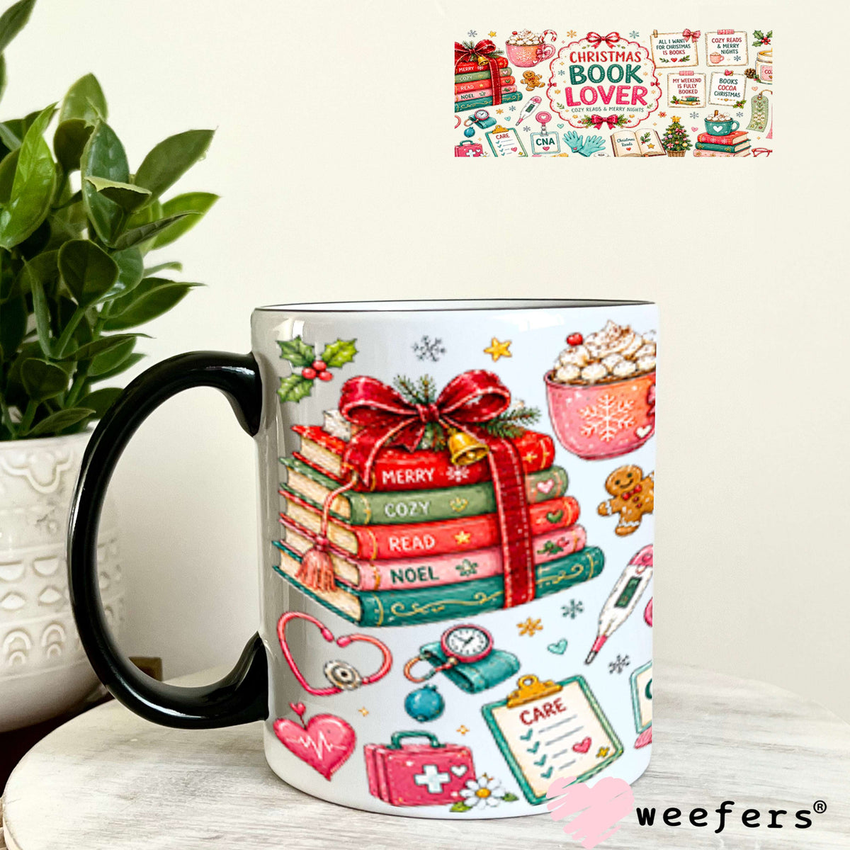 UV DTF Cup Wraps - Christmas Book Lover 11oz Coffee Mug Weefers