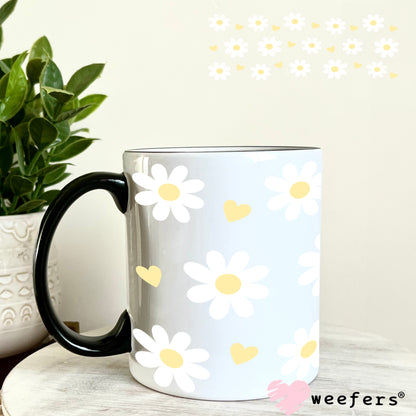 White Daisies Yellow Hearts UV DTF Cup Wrap 11oz Coffee Mug Weefers
