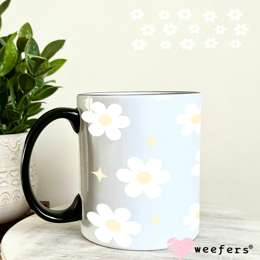White Daisies Yellow Diamonds UV DTF Cup Wrap 11oz Coffee Mug Weefers
