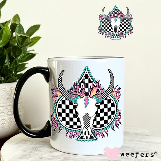 Cow Skull Checkered Heart Pink Flames Western UV DTF Decal 11oz Coffee Mug Weefers