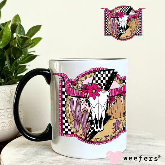 Cow Skull Pink Horns Western UV DTF Decal 11oz Coffee Mug Weefers