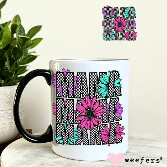 Mama Black Checkered Teal and Pink Flowers UV DTF Decal 11oz Coffee Mug Weefers