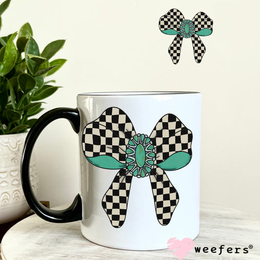 Checkered Black Bow Turquoise UV DTF Decal 11oz Coffee Mug Weefers