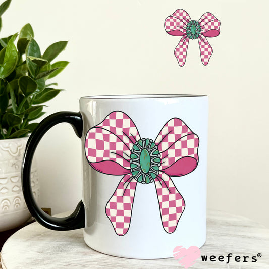 Pink Checkered Bow Turquoise UV DTF Decal 11oz Coffee Mug Weefers