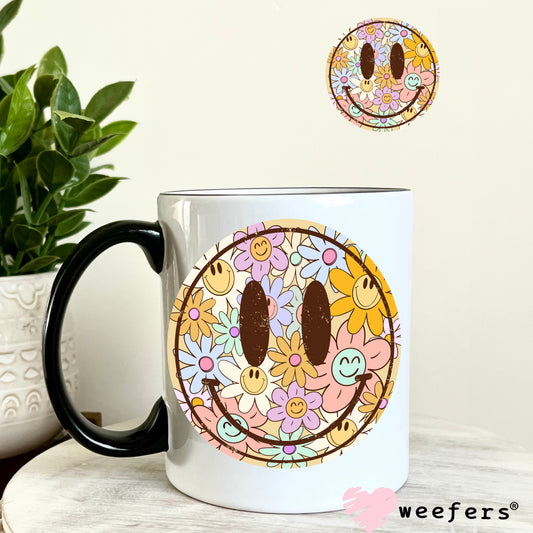Flower Smile Face UV DTF Decal 11oz Coffee Mug Weefers