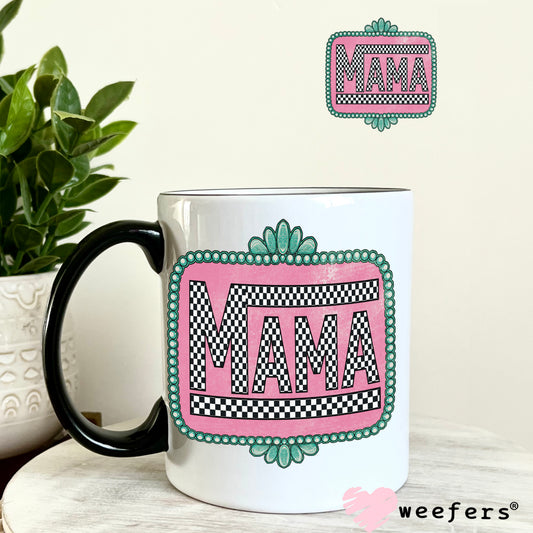 Mama Black Checkered Turquoise Frame UV DTF Decal 11oz Coffee Mug Weefers