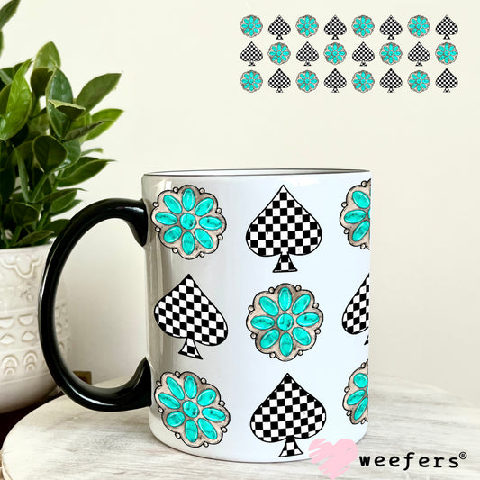 Turquoise Dreams and Checkered Spades UV DTF Cup Wrap - WEEFERS EXCLUSIVE WRAP 11oz Coffee Mug Weefers