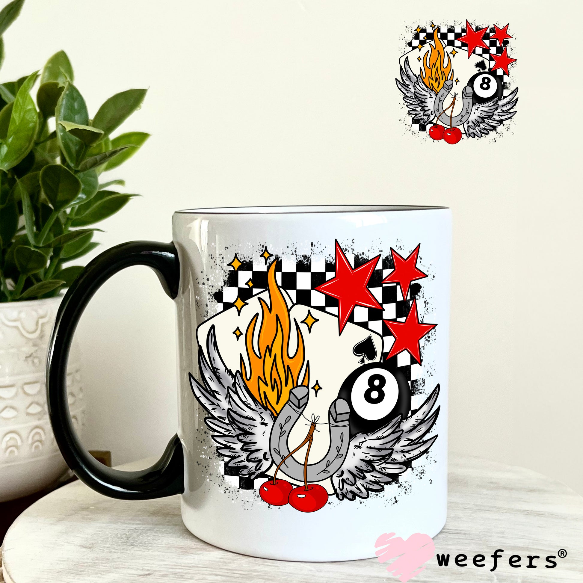 Angle Of Luck Flames and Cherries UV DTF Decal 11oz Coffee Mug Weefers