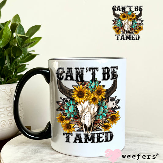 Can't Be Tamed Cow Skull Teal Flowers UV DTF Decal 11oz Coffee Mug Weefers