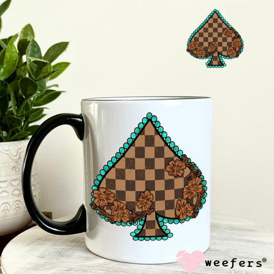 Brown and Turquoise Checkered Spade UV DTF Decal 11oz Coffee Mug Weefers