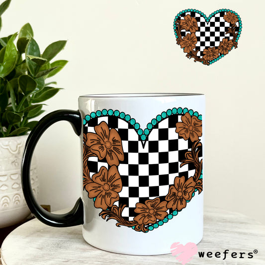 Black Brown and Turquoise Checkered Heart UV DTF Decal 11oz Coffee Mug Weefers