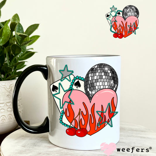 Pink Flame Heart Disco Ball UV DTF Decal 11oz Coffee Mug Weefers