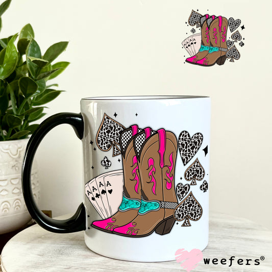 Aces and Cowgirl Boots UV DTF Decal 11oz Coffee Mug Weefers
