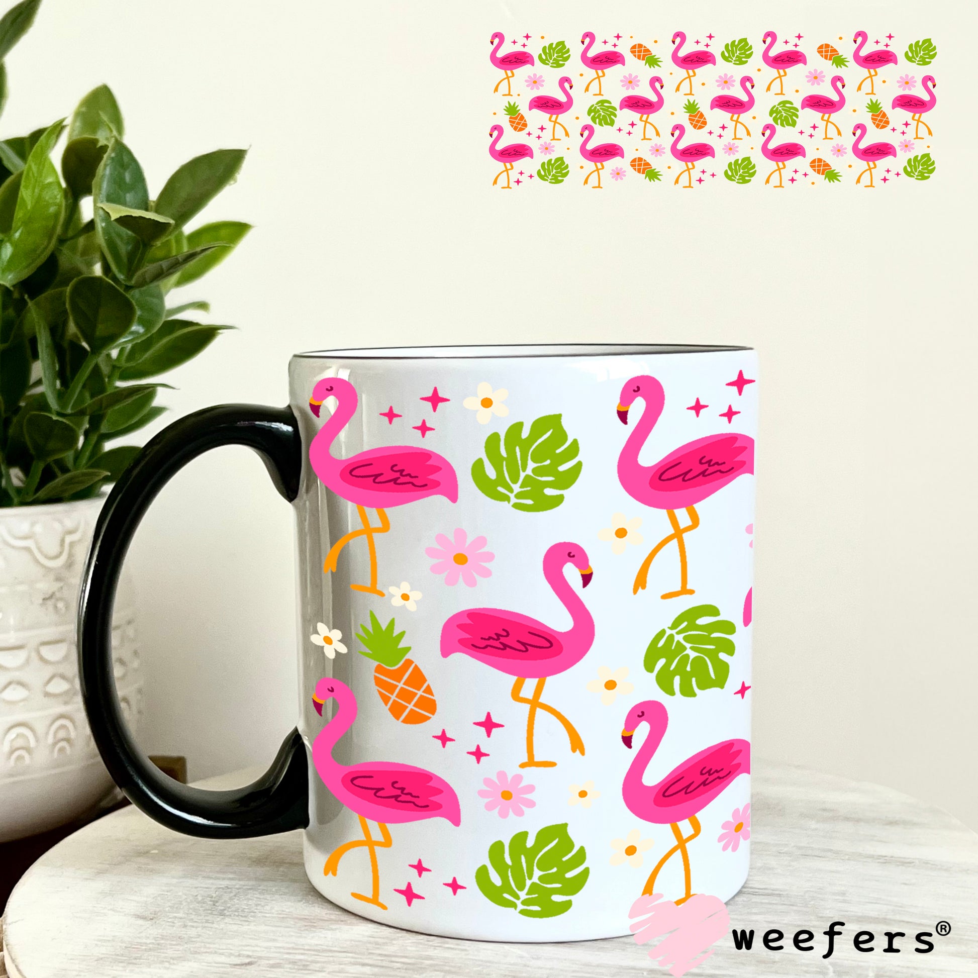Pink Tropical Flamingos UV DTF Cup Wrap 11oz Coffee Mug Weefers