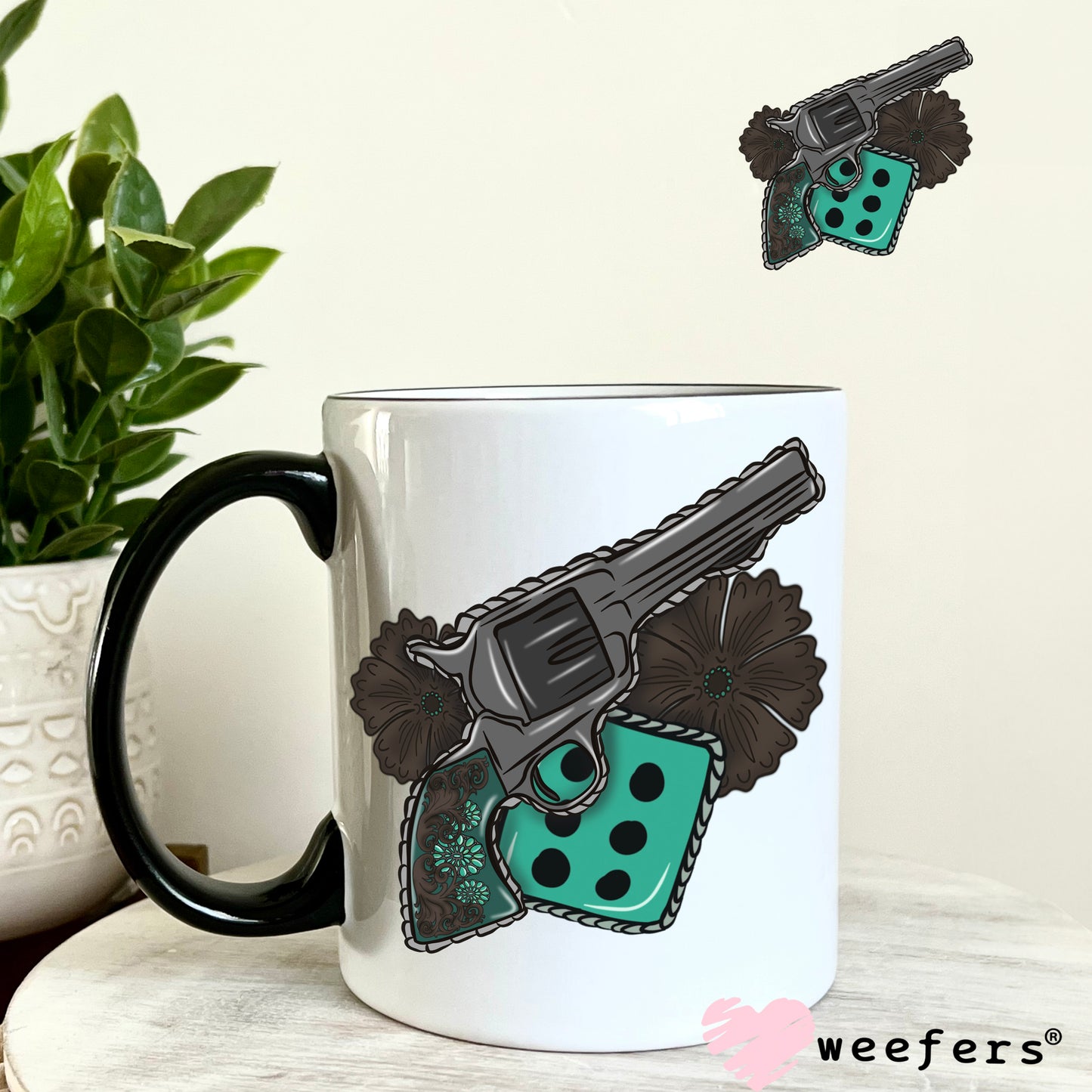 Revolver Turquoise Dice UV DTF Decal 11oz Coffee Mug Weefers