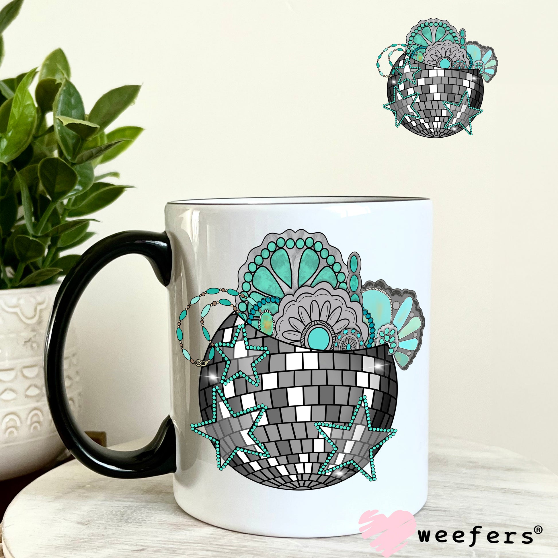Disco Turquoise Jewels UV DTF Decal 11oz Coffee Mug Weefers
