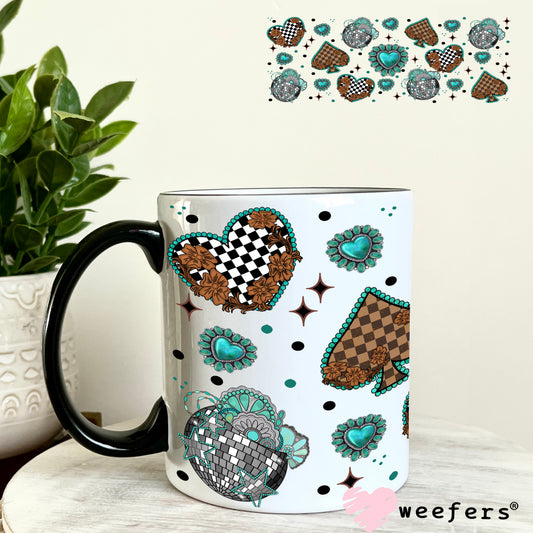 Brown Checkered Heart and Spades Turquoise UV DTF Cup Wrap - WEEFERS EXCLUSIVE WRAP 11oz Coffee Mug Weefers