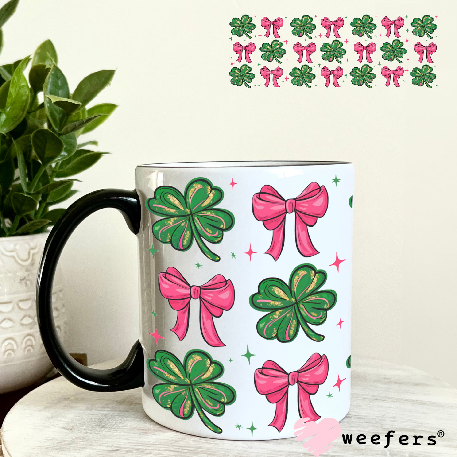 Shamrocks and Coquette Pink Bows UV DTF Cup Wrap - WEEFERS EXCLUSIVE WRAP 11oz Coffee Mug Weefers