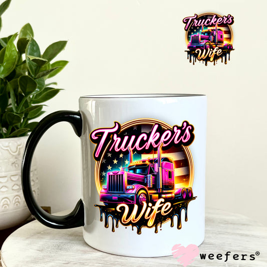 Truckers Wife Colorful Hot Pink Yellow UV DTF Decal 11oz Coffee Mug Weefers
