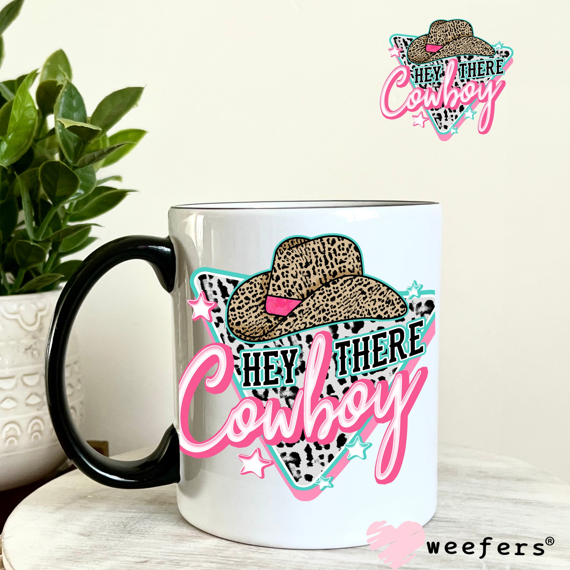 Hey There Cowboy Blue and Pink UV DTF Decal 11oz Coffee Mug Weefers