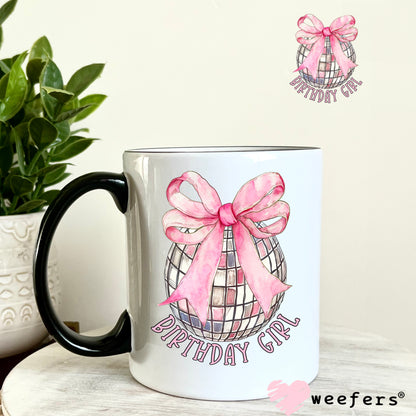 Disco Ball Pink Bow Birthday Girl UV DTF Decal 11oz Coffee Mug Weefers
