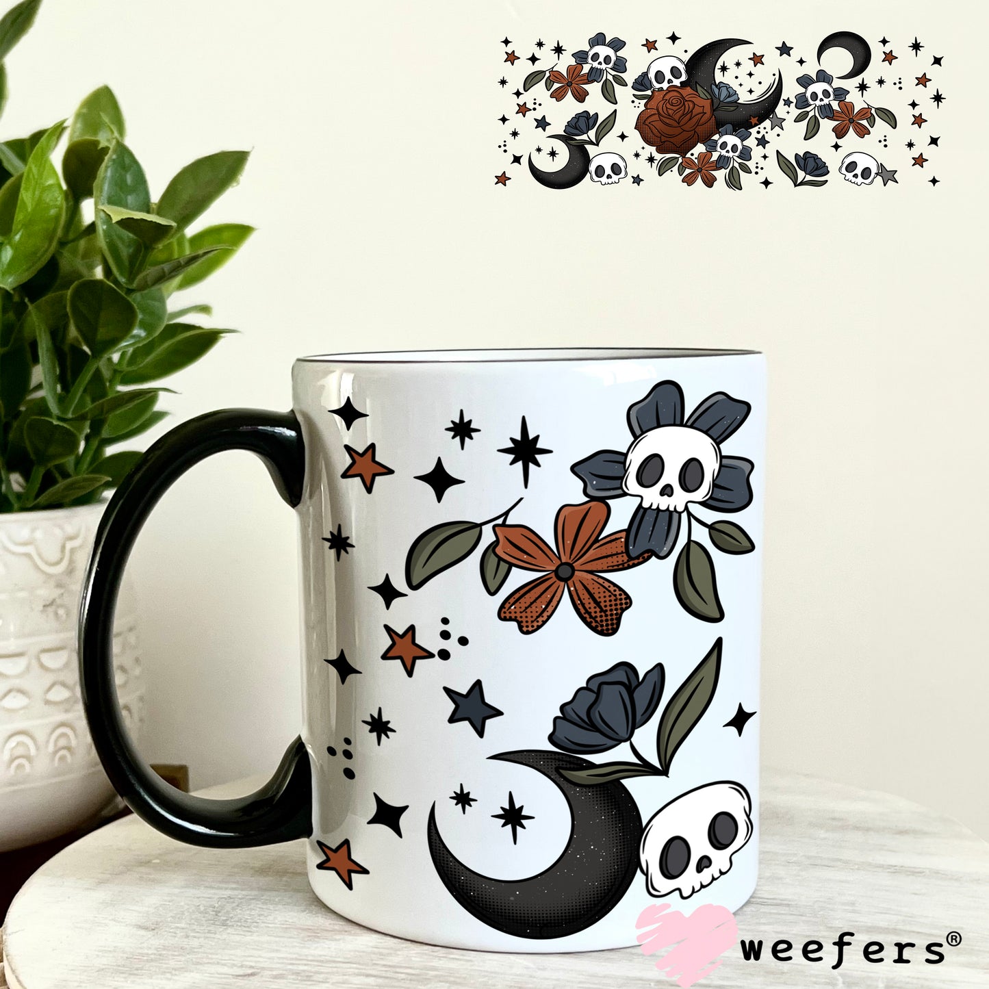 Burgundy Rose Black Moon and Skulls UV DTF Cup Wrap 11oz Coffee Mug Weefers