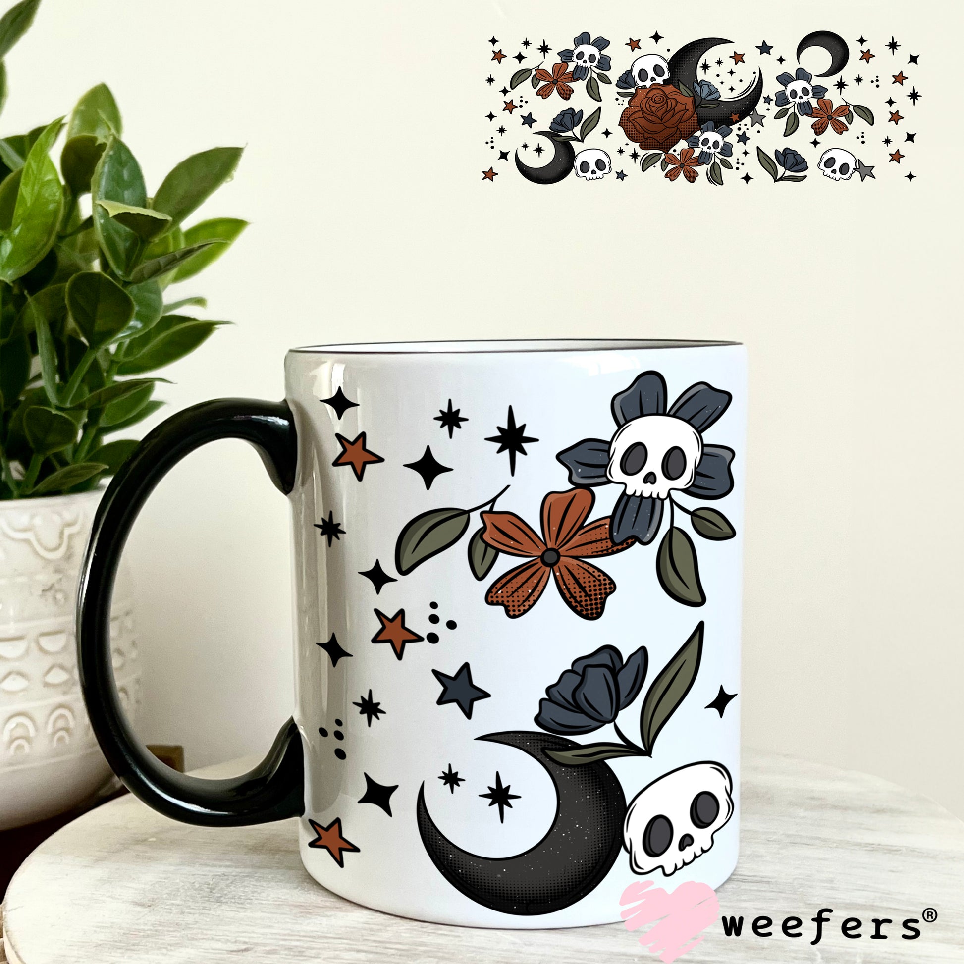 Burgundy Rose Black Moon and Skulls UV DTF Cup Wrap 11oz Coffee Mug Weefers