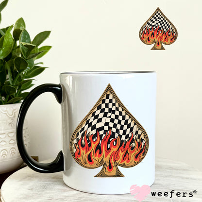 Fire Flames Black Checkered Spade UV DTF Decal 11oz Coffee Mug Weefers