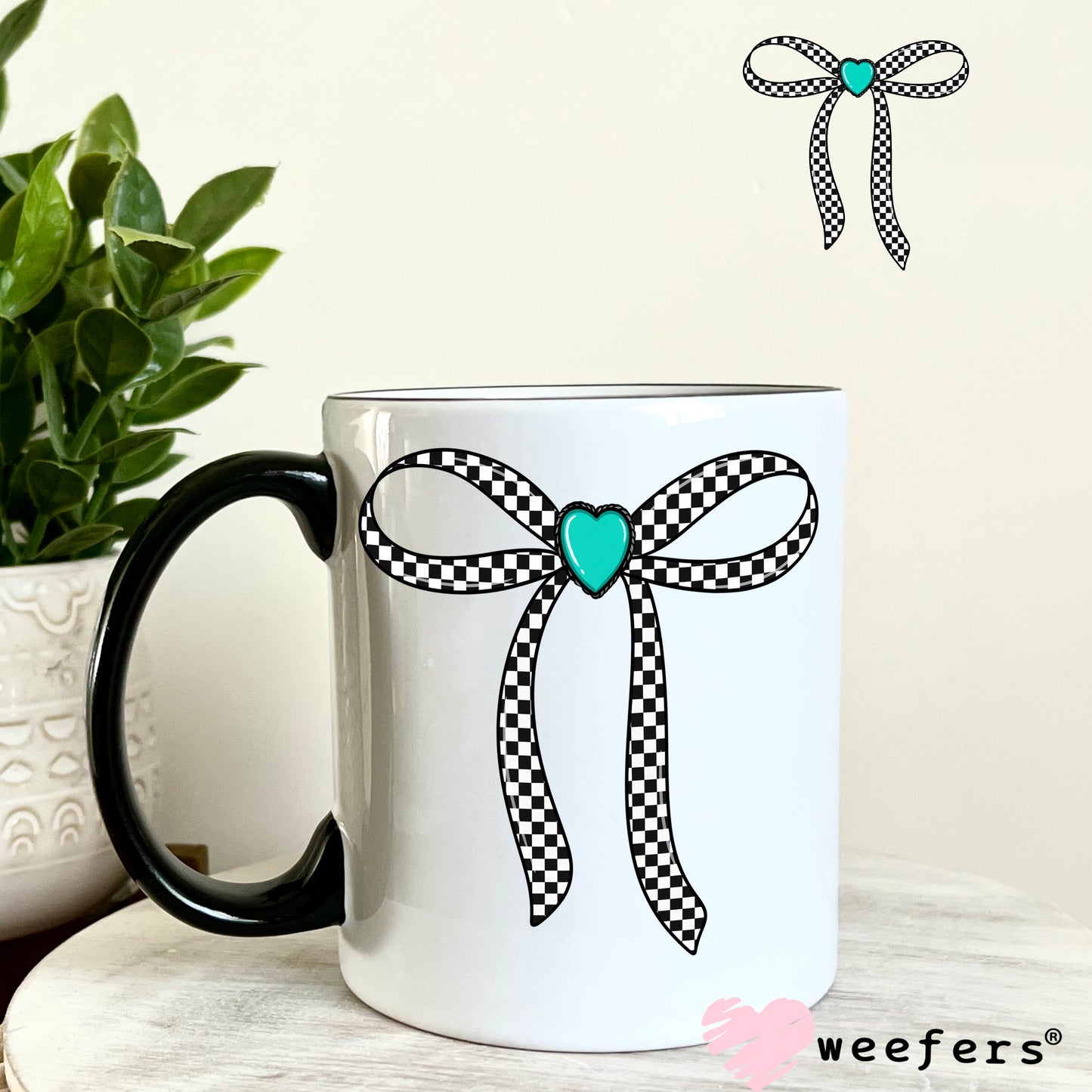 Black Checkered Bow Turquoise Heart UV DTF Decal 11oz Coffee Mug Weefers