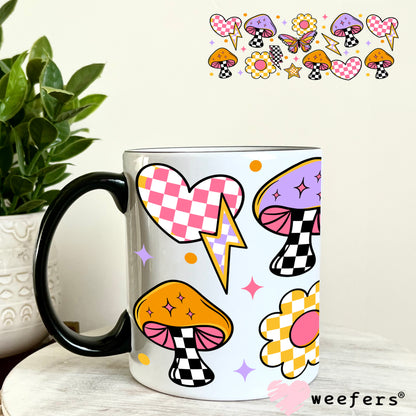 Retro Groovy Mushrooms Flowers UV DTF Cup Wrap 11oz Coffee Mug Weefers