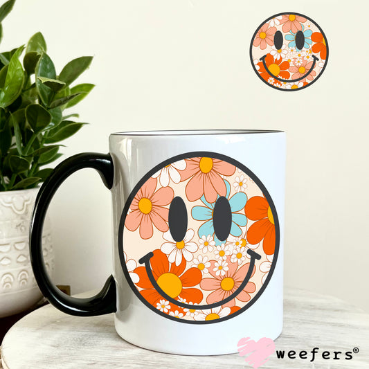 Retro Flowers Smile Face UV DTF Decal 11oz Coffee Mug Weefers