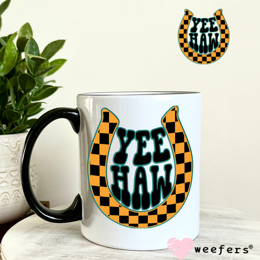 Yee Haw Black Blue Yellow UV DTF Decal 11oz Coffee Mug Weefers