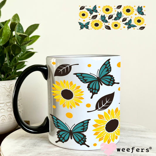 Sunflowers and Teal Butterflies UV DTF Cup Wrap 11oz Coffee Mug Weefers