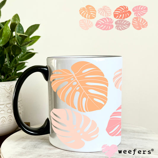 Monstera Leaves Blush UV DTF Cup Wrap 11oz Coffee Mug Weefers