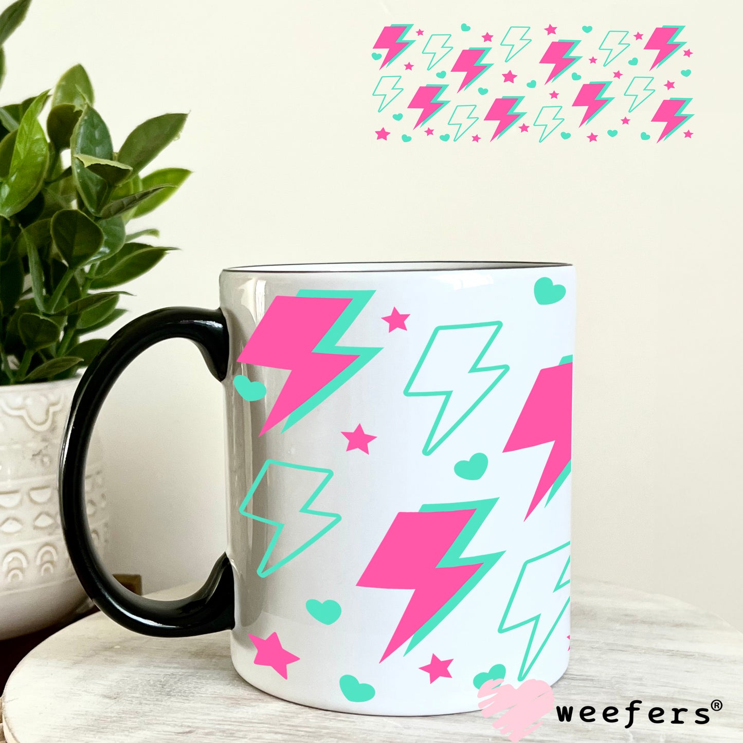 Pink and Teal Lightening Bolts UV DTF Cup Wrap 11oz Coffee Mug Weefers