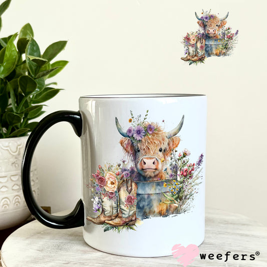 Baby Highlander Cow in Bucket UV DTF Decal 11oz Coffee Mug Weefers